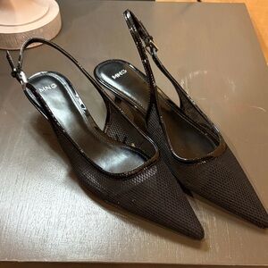 Mango Black Mesh Slingback Kitten Heels